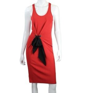 LANVIN Red Midi Dress Black Tie Bow 2015 Collection Sleeveless Size M L Luxury